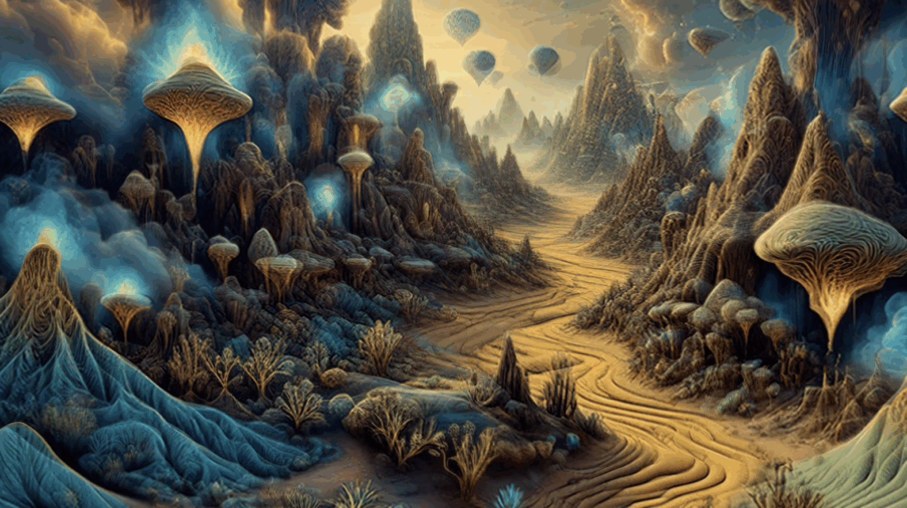 A human silhouette integrated with a city and a forest under a psychedelic sky.